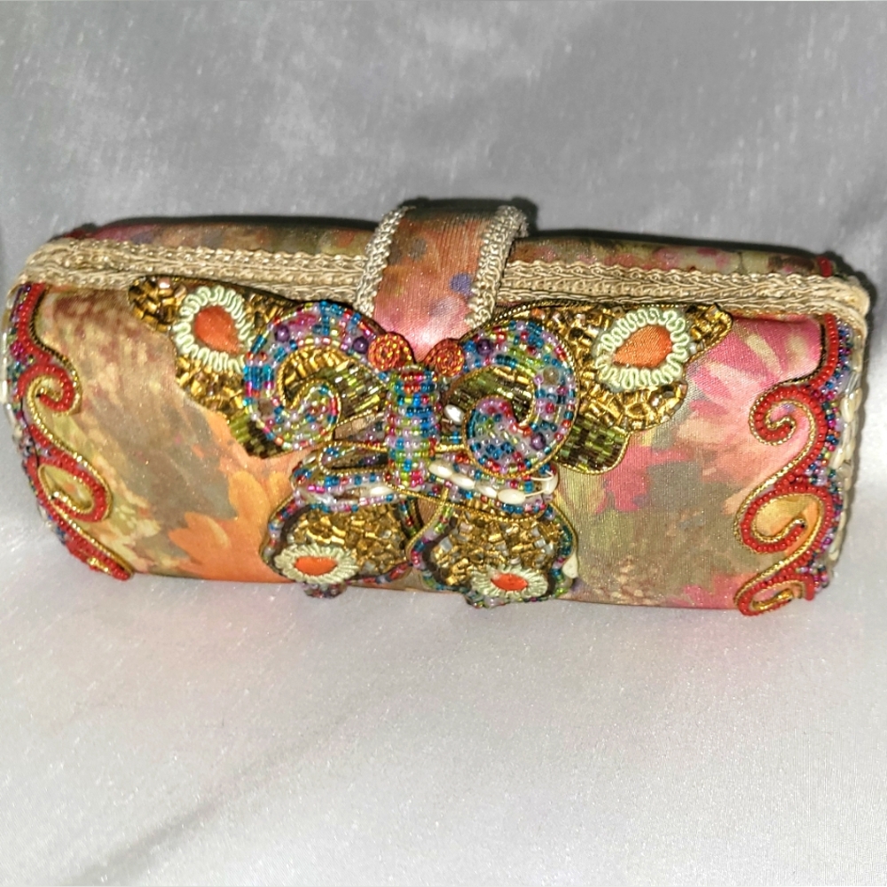 MARY FRANCIS STUNNING SEED PEARL BEADED FLORAL SILK BUTTERFLY, VINTAGE